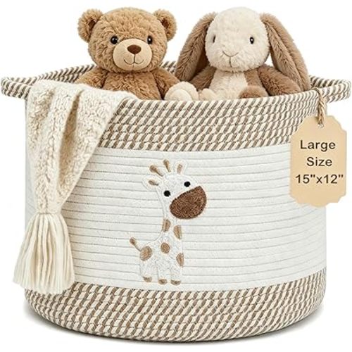 Baby Laundry Basket for Nursery, Large 15”x12” Baby Storage Baskets, Cotton Rope Kids Hamper Soft Foldable Bin with Cute Embroidered Animal Designs for Home Toys Organize