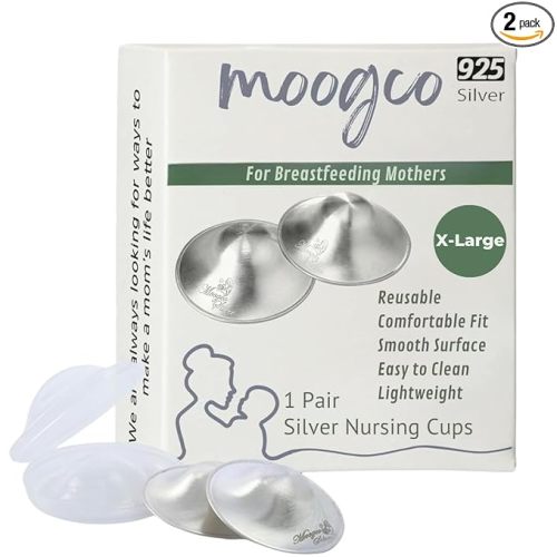 MOOGCO Silver Nursing Cups X Large - Nipple Shields for Nursing Newborn - Breastfeeding Essentials - Newborn Essentials Must Haves - Nipple Covers Breastfeeding - 925 Silver (X-Large)