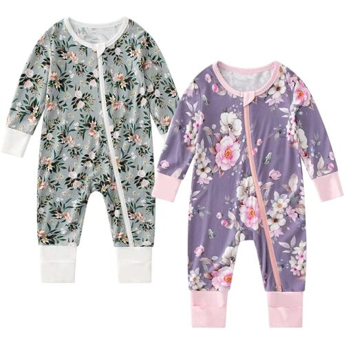OPAWO Viscose from Bamboo Baby Pajamas Girl 2pack Mittens Cuff 2 Way Zipper Soft Footless Sleeper Baby Boy One-Piece Romper - Green Flower&purple Flower - 0-3 Months