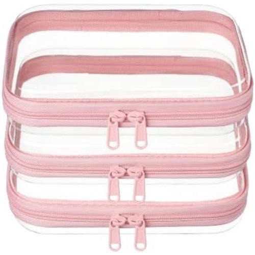 3-PCS Medium Clear Hard Shell Zipper Pouches, Clear Zipper Bags (3M, Pink)
