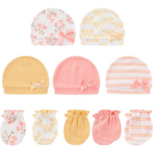 MAMIMAKA Baby Hat and Mittens Set Cotton Newborn Baby Hats Caps for Boys and Girls, 0-6 Months