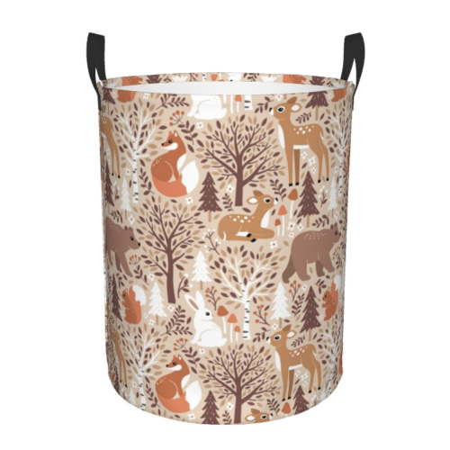Vsdgher Woodland Animals in Neutral Tones Waterproof Round Large Laundry Basket -Toy Storage Basket, Perfect as Hamper, Kids Room Storage, and Toy Containment-
