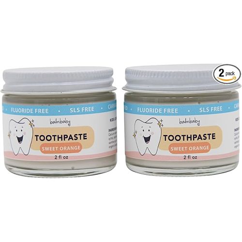 Kids All Natural Fluoride Free Toothpaste – SLS Free Toothpaste with Xylitol, Vegan Gluten Free, Glass Jar Zero Waste Teeth Paste (Orange, 2-Pack)