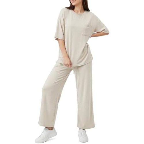 OUGES Women's Lyocell Cotton Pajamas Sets 2 Piece Relaxed Pjs Short Sleeve Top Drawstring Pants Loungewear with Pockets