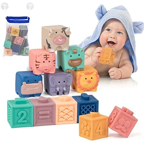 UNIH Baby Blocks, Soft Stacking Blocks with Animals Numbers Fruits Textures, Montessori Toys for Babies 6-12 Months and Up (12Pcs)