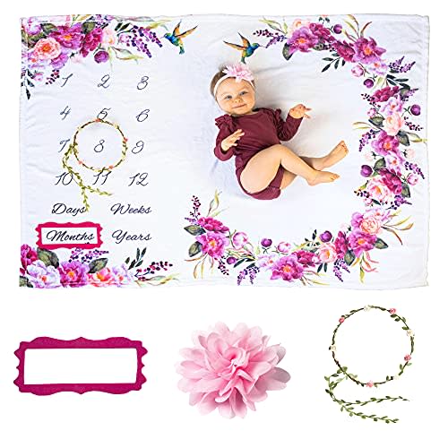 Bliss n' Baby Milestone Blanket for Baby Girl - Perfect Baby Age Blanket with Growth Chart Blanket - New Moms Set, Wrinkle Free, Washable, Dryable Headband- 60"x40"