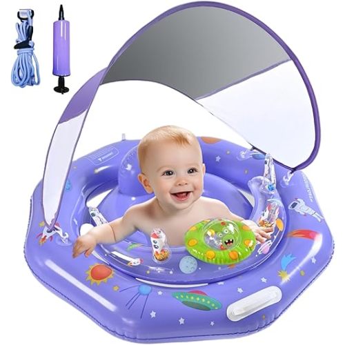 Baby Float with Canopy, Baby Swim Float with UPF50+ Sun Protection, Infant Pool Float with Toy Play Console