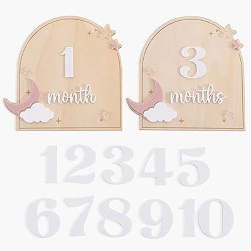 Wood Celestial Monthly Milestone Discs - Moon and Stars Monthly Discs for Photo, Wooden Baby Announcement Sign Plaque, 3D Interchangeable Acrylic Numbers Monthly Set, Newborn Photo Prop (Pink Disc)