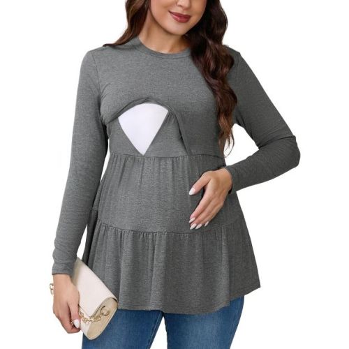 INSPIRE CHIC Womens Nursing Shirts Breastfeeding Tiered Pleated Tunic Long Sleeve Stretch T-Shirt Postpartum Maternity XX-Large Gray