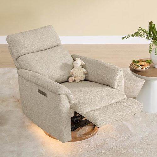 CHITA Power Swivel Glider for Adults with Nightlight, Nursery Recliner Chair with Power Headrest for Living Room, Bedroom, Water-Resistant Boucle Fabric in Sand