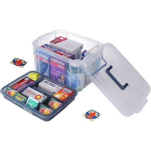 2-Tier Medicine Organizer - Plastic Portable Storage Box with Handle White