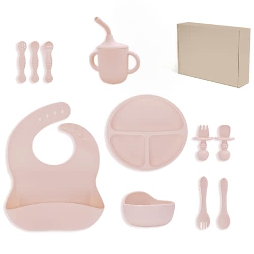 Silicone Baby Feeding Set 11 Pcs - Cute Pink Baby Led Weaning Supplies, Suction Plates & Bowls, BPA-Free Divided Plate, Bib, Straw Cup, Utensils & Finger Brushes | Gift for Girls 6+ Months