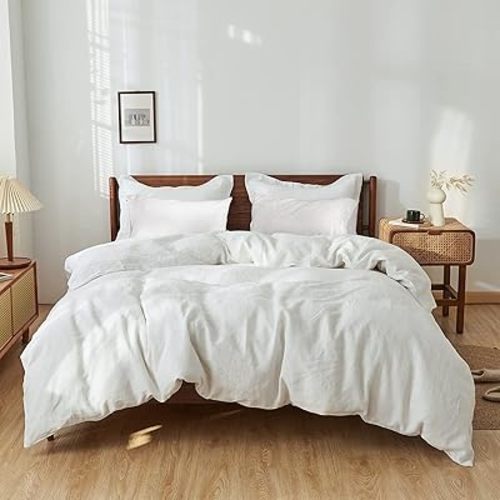 Simple&Opulence 100% Washed Linen Duvet Cover Set 5pcs(1 Duvet Cover& 2 Shams& 2 Pillowcases) Basic Style Natural French Flax Soft Breathable Farmhouse Bedding (King, White)