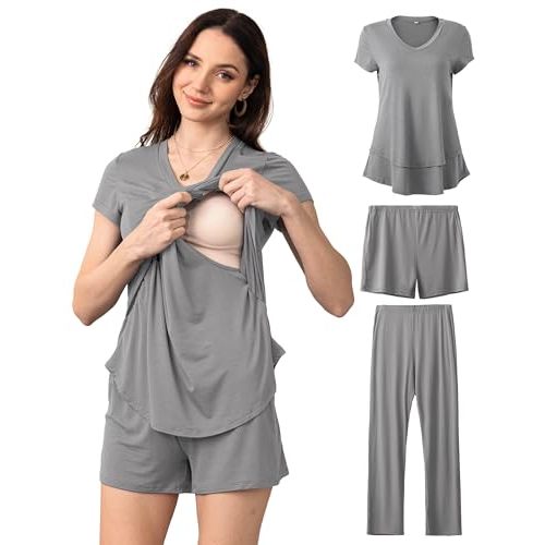 SUNNYBUY 3 PCS Maternity Breastfeeding Pajamas Set, Hidden Nursing Tops, Adjustable Pregnancy Shorts & Pants Postpartum PJS