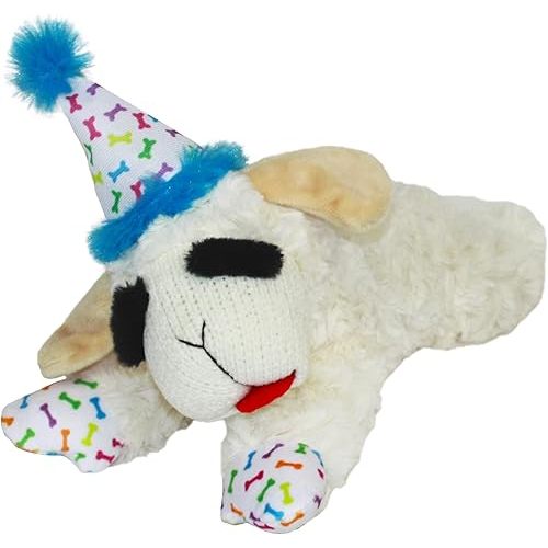 Multipet Lamb Chop Dog Plush Toy w/Birthday Hat - Squeaky Toy for All Dogs - Extra Soft Plush - Stuffed Animal for Cuddling & Playing (10.5", Blue Hat, 5 Squeakers)