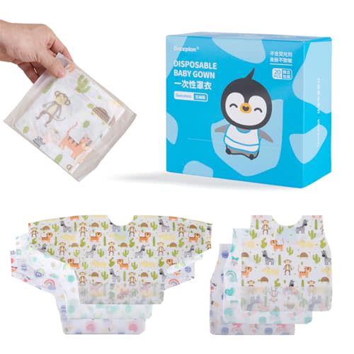 Onceplan Disposable Baby Gown,10 Pcs Bib Shirt, Individual Pack, 31.5 x 15.35 Long Sleeve Bib, Baby Eating Smock (Animal Forest, Long Sleeve Style)