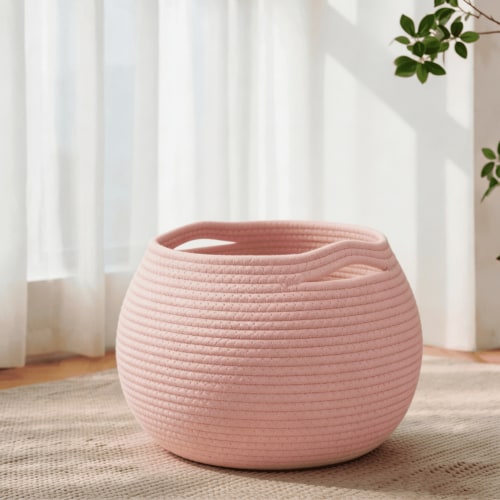 Large Woven Laundry Basket Hamper, Cotton Rope Storage Bin for Blankets,Toys and Clothes,Decorative Tall Nursery Hamper for Living Room,Baby Nursery,Bathroom, Pink
