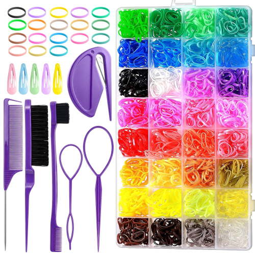 Livhil 32 Colors Hair Rubber Bands with Tail Hair Tools and Hair Clips, 2016 Pcs Elastic Small Hair Ties, Hair Accessories