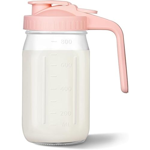 Breast Milk Pitcher, 32 oz Glass Mason Jar with Lid, Wide Mouth & Leakproof Glass Pitcher for Breastmilk, Sun Tea, Juice, Cold Brew Coffee and Drinks (Pink)