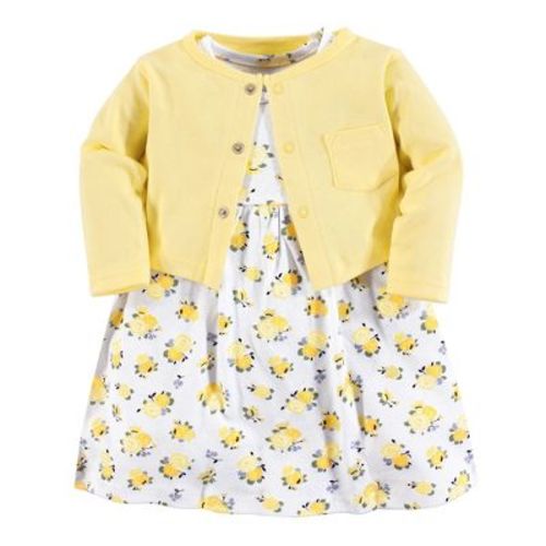 Luvable Friends Baby and Toddler Girl Dress and Cardigan 2pc Set, Yellow Floral, 9-12 Months