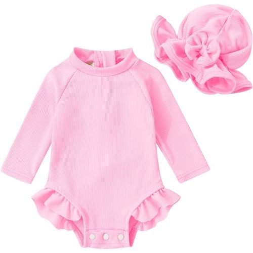 YOUNGER TREE Infant Baby Girls Swimsuit Long Sleeve Swimsuits One Piece Swimsuit Solid Color Bathing Suit with Hat, UPF 50+
