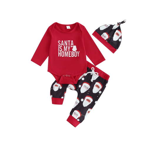 BABAMOON Newborn Infant Baby Boy Girl Christmas Clothes Letter Print Romper and Drawstring Pants Hat Outfits