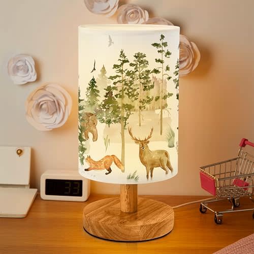 Animal Forest Bedside Table Lamp for Bedroom with USB Port (Green)