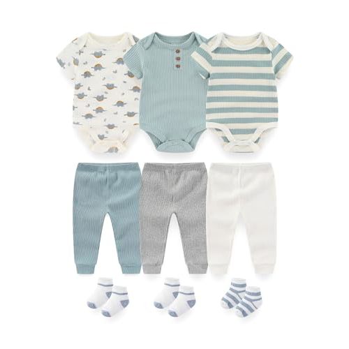 BIGBIGKISS Baby Bodysuits and Pant Socks Outfits 9Pcs Baby Boy Girl Clothes | Newborn Baby Layette Gift Set, 0-12Months