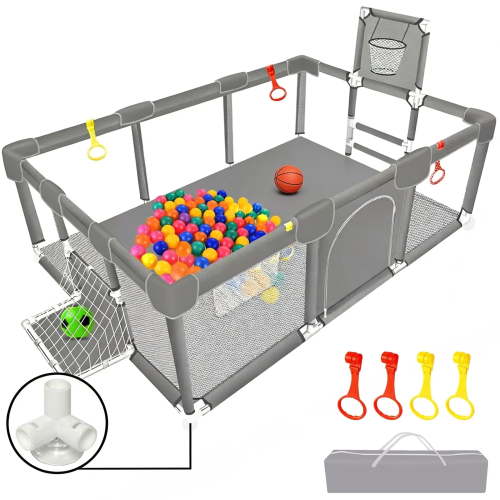 HioHa Pet Large Playpen, Family Big Playard with Basketball Hoop, Portable Pet Fences, Foldable Play Fence with Storage Bag