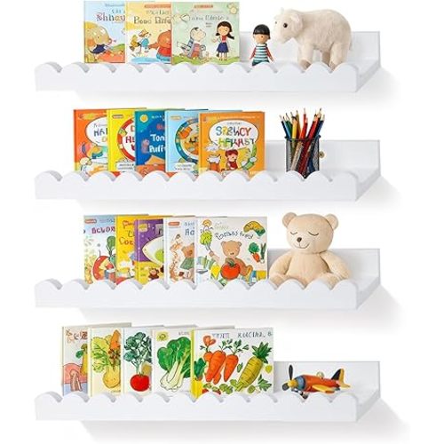 LinTimes Nursery Book Shelves, Set of 4 White Floating Scalloped Shelves for Wall, Rustic Wood Wall Mounted Shelves for Kids Bedroom, Toddler Room, Baby Room Decor, 7.94Lbs Capacity, 16.5 inch