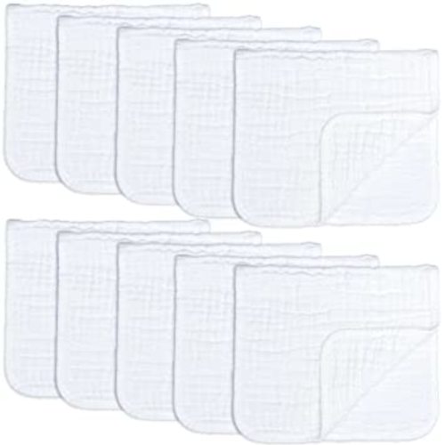 Muslin Burp Cloths 10 Pack Large 100% Cotton Hand Washcloths 6 Layers Extra Absorbent and Soft (White, Pack of 10) - Pack Of 10