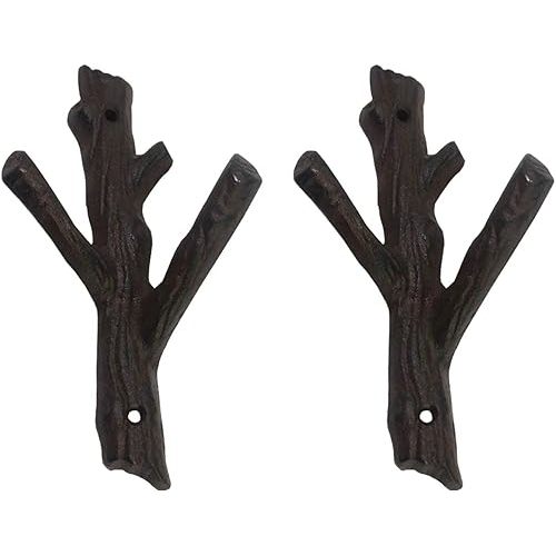 Ogrmar 2 Pcs Decorative Branch Cast Iron Wall Hooks/Hanger/Heavy Duty Home Storage Rack (Brown)
