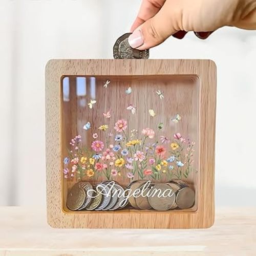 Personalized Piggy Bank, 6.7"x6.7" Wooden Money Banks for Kids, Custom Gifts for Boys and Girls, Personalized Piggy Bank for Girls