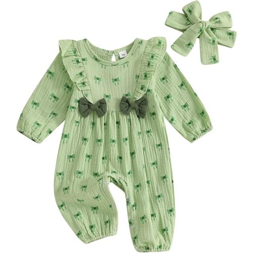 Newborn Baby Girl St Patricks Day Outfit Long Sleeve Bow Four Leaf Clover Romper Ruffle Jumpsuit Headband