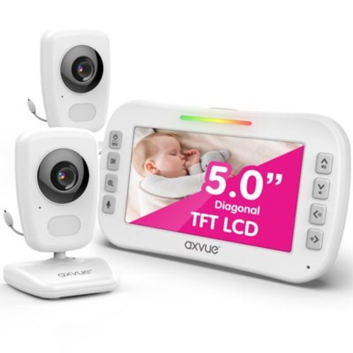 E632 Video Baby Monitor, Comfortable Slim Design handheld enclosure, 5.0" Screen Monitor & 2 Camera, Range up to 1000ft, 8 Hour Battery Life, 2-Way Talk, Night Vision, Temperature Monitor, No WiFi.