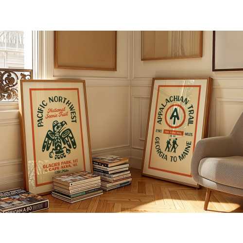 Retro Hiking Art Prints Outdoors Art Poster Set of 2 Hiking Wall Prints Kids Room Outdoorsy Decor Hiking + Camping Gift for Kids