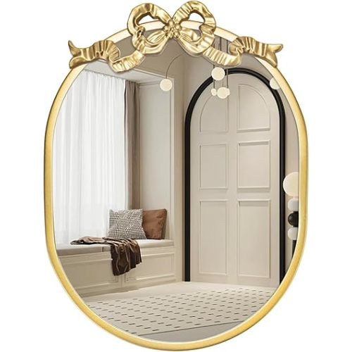 SANY DAYO HOME Wall Hanging 16″ x 12″ Gold Metal Framed Oval Mirror with Decorative Bow, Modern Farmhouse Real Glass Accent Mirror for Vanity, Bathroom, Entryway
