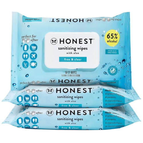 The Honest Company Fragrance-Free Sanitizing Alcohol Wipes Antibacterial Hand with Aloe Kills 99% of Germs Safe for Hands 150 Count (3 Packs 50)