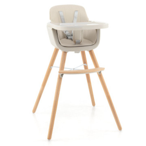 3-in-1 Convertible Wooden High Chair with Cushion-Beige