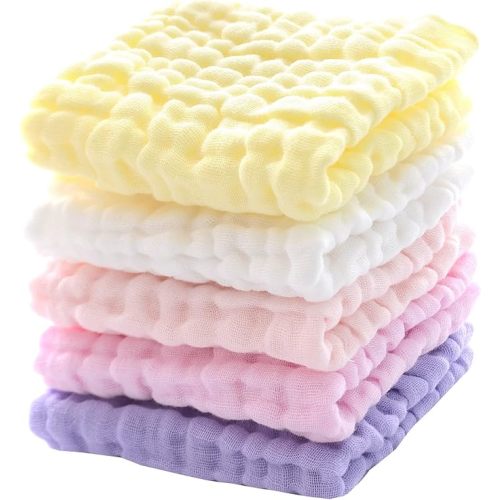 MUKIN Baby Muslin Washcloths, Natural Cotton, Soft Newborn Face Towel, 5 Pack, 12 x 12 inches (White,Pink,Yellow,Purple)