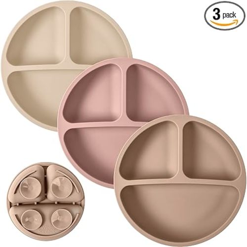 WeeSprout Suction Plates for Babies & Toddlers - 100% Silicone, Dinnerware Stays Put, Divided Design for Picky Eaters, Microwave & Dishwasher Friendly, 3 Pack