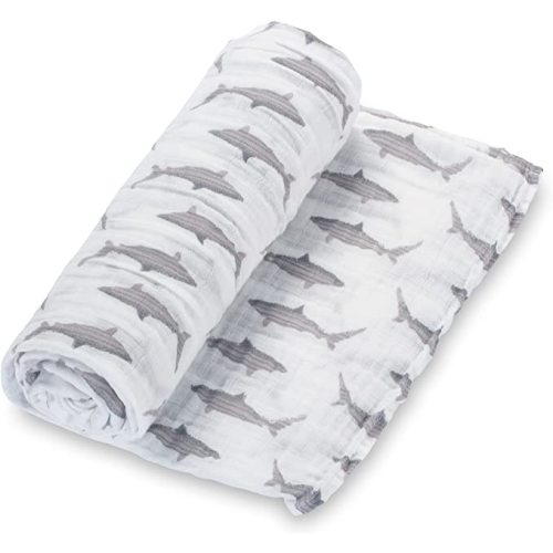 LollyBanks Muslin Swaddle Blanket, 100% Muslin Cotton Baby Blankets for Boys, 47 X 47 Inches Breathable and Soft Newborn Swaddle, Receiving Blanket for Baby, Newborn Essentials, Registry (Shark Print)