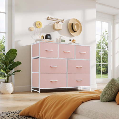 7 Drawers Dresser, Storage Dresser Organizer with Drawers, Chest of Drawers, Dresser with Metal Frame and Wood Tabletop for Bedroom, Guest Room, Closet, Entryway, Nursery, Pink