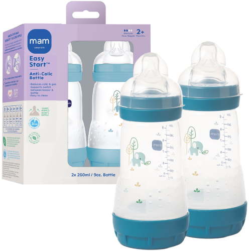MAM Anti-Colic Self-Sterilizing Baby Bottle 9 oz for Newborns Boy with Elongated Nipple