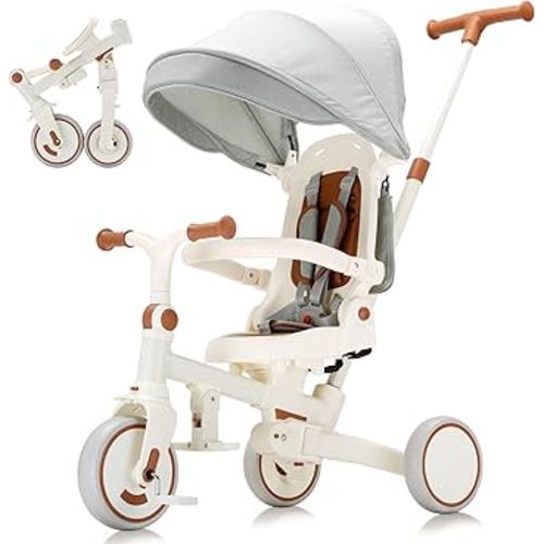 7-in-1 Toddler Tricycle with Parent Push Handle & Canopy, Fully Foldable & Adjustable Stroller, Balance and Pedal Bike for Kids 18 Months to 5 Years,Beige