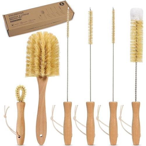 Bottle Brush Set - 6 Pack Sisal Bristle Natural Bottle Brush, All in One Bottle and Straw Brush Cleaning Set for Water Bottles, Glasses, Cups and Lid