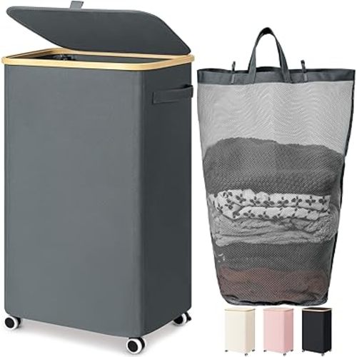 Goodpick Laundry Basket with Wheels, Large Rolling Laundry Hamper Slim Clothes Hampers with Removable Wash Bag Collapsible Dirty Clothes Basket with Lid, 100L, Gray