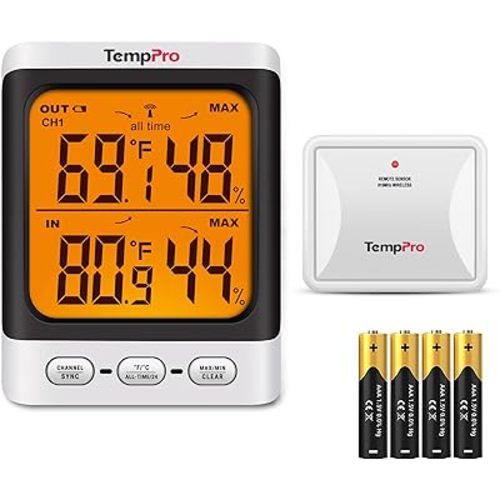 TempPro Indoor Outdoor Thermometer Wireless, 500 ft Outside Thermometer with Cold-Resistant Sensor, Outdoor Thermometer Waterproof for Patio with 3.3" LCD Backlit Display (Previously ThermoPro)