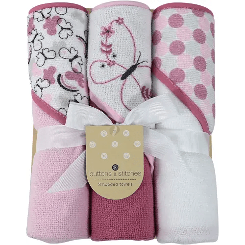 Cudlie Buttons & Stitches Baby Girl 3 Pack Rolled/Carded Hooded Towels in Butterfly Polka Print (GS71727)
