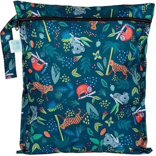 Bumkins Waterproof Wet Bag for Baby, Travel, Swim Suit, Cloth Diapers, Pump Parts, Pool, Beach, Gym Clothes, Toiletry, Hook to Stroller, Daycare, Zipper Reusable Wetdry Packing Pouch, Jungle